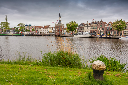 View from the opposite bank of the harbor channel and city of Alkmaar. netherlands holland