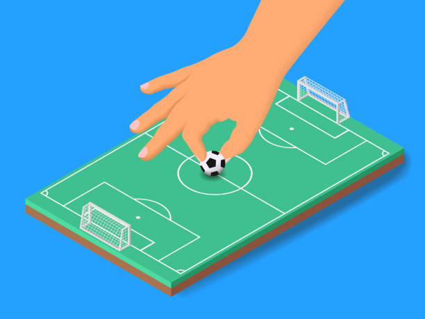 istock Vector illustration isometric hand with soocer ball on football field and blue background 965210126