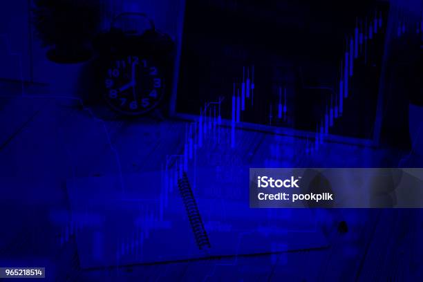 Double Exposure Coins Stacks And Alarm Clock With Green Chalkboard Notebook And Financial Graph With Candle Stick And Stock Market Screen Business Planning Vision And Finance Analysis Concept Stock Photo - Download Image Now