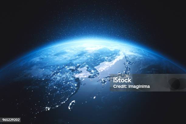 Cinematic Blue Earth View From Space At Night To East Asia Stock Photo - Download Image Now