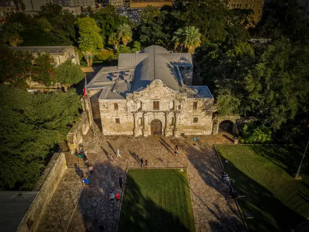 Aerial photo taken over The Alamo in San Antonio, Texas