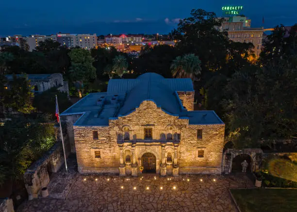Aerial photo taken over The Alamo in San Antonio, Texas