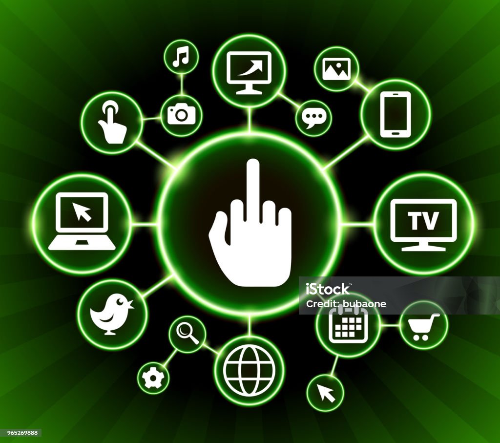 Middle Finger Hand Internet Communication Technology Dark Buttons Background Middle Finger Hand Internet Communication Technology Dark Buttons Background. The main icon is placed inside a glowing green circle in the center of this 100% royalty free vector illustration. It is connected to a network of sixteen additional circles with technology and computer internet communication icons on them. These icons include various devices ranging from cell phone to computer monitor. The background of the illustration is  black with glowing green gradient. Backgrounds stock vector