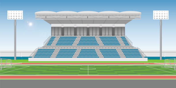 illustrations, cliparts, dessins animés et icônes de tribune de stade de sport aux acclamations sport avec terrain de soccer - track and field stadium