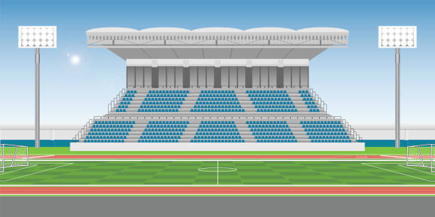 illustrazioni stock, clip art, cartoni animati e icone di tendenza di tribuna stadio sportivo per tifare sport con campo da calcio - track and field athlete