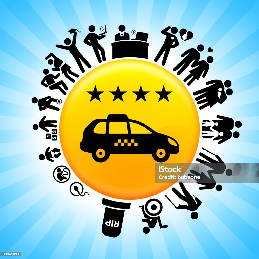 Four Star Taxi Lifecycle Stages of Life Background Four Star Taxi Lifecycle Stages of Life Backgroundon circle button. Icons of life from conception to old surround the large shiny round button in the center of this 100 percent royalty free vector illustration. The button is placed against a blue tar burst background. The illustration shows speaks to the "life is short" idea. Taxi stock vector