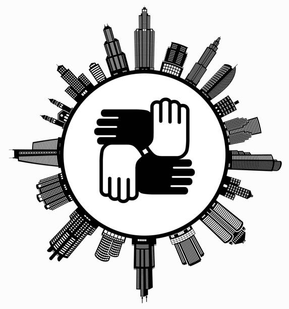 Hands United on Modern Cityscape Skyline Background Hands United on Modern Cityscape Skyline Background. The main image depicted is placed inside a white circle. The circle is in the center of the illustration. A detailed 100% vector cityscape skyline is placed around the circumference of the circle and includes various office, residential condominium and commercial real estate buildings. The image is black and white. The image is ideal for displaying city life concepts and ideas. real estate outdoors vertical usa stock illustrations