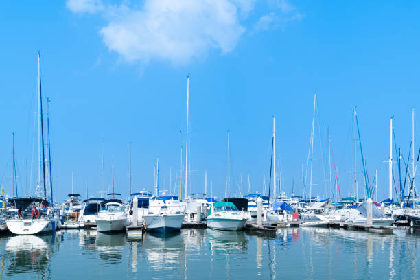 istock Yacht harbor on blue sky sunset light background. 965292052