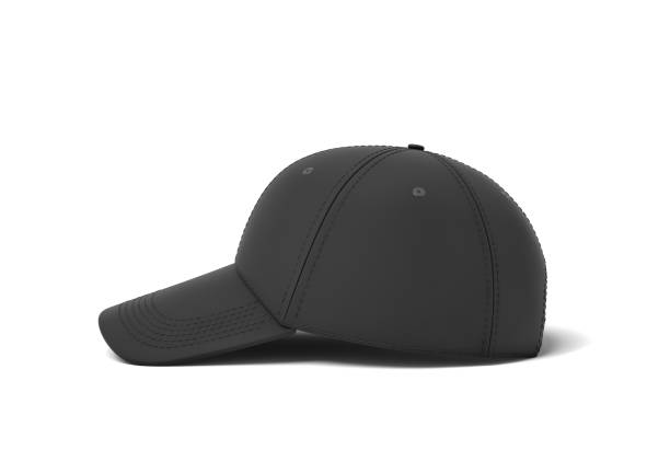 istock 3d rendering of a single black baseball cap with black stitching lying on a white background in a side view 965296616