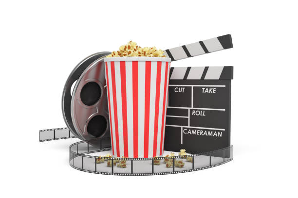 istock 3d rendering of a video reel, popcorn bucket and a clapperboard on a white background 965296628