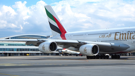 Emirates Airlines A380. Engine of big passenger plane that waiting for departure