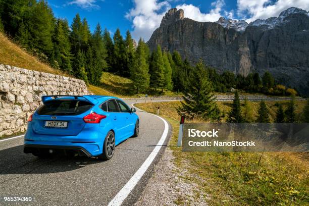 Car Drives On Mountain Road In Dolomites Italy Stock Photo - Download Image Now - Car, Driving, Mountain