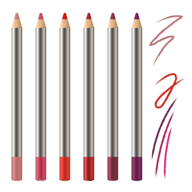 istock Realistic vector set of lip pencil mockup. Decorative cosmetic colored pencils. Red, pink, magenta color Cosmetic pencil strokes. 965322662