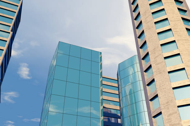 Colour image depicting an abstract view of modern multi coloured modern architecture built from glass and steel in business area,in the city