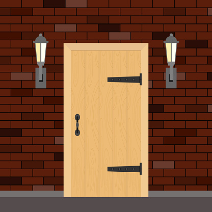 Entrance retro door with torches on the sides. Entrance door made of wood on a brick wall background. Flat design, vector illustration, vector.
