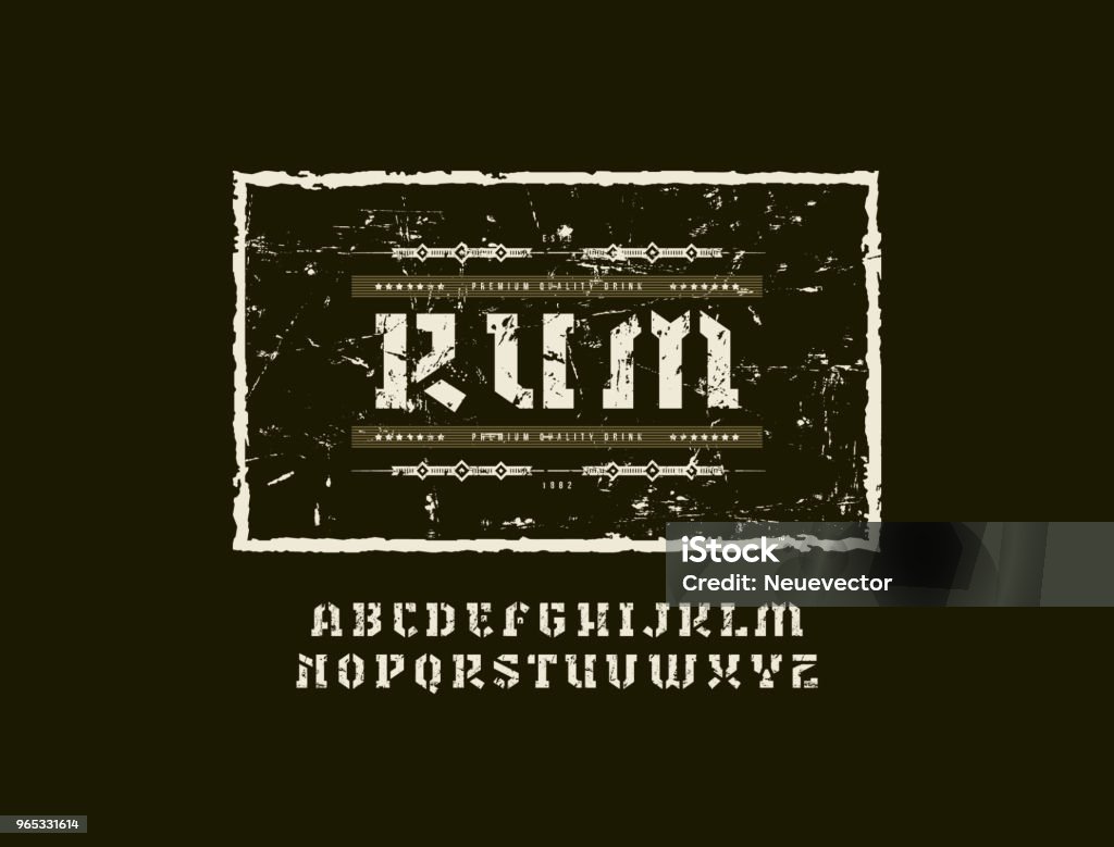 Stencil-plate serif font in military style Stencil-plate serif font in military style. Template for rum label. Letters with rough texture for label and signboard design. Color print on black background Typescript stock vector