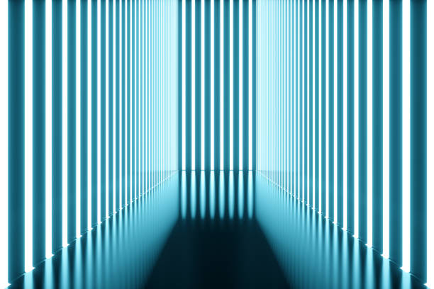 istock 3D rendering Abstract blue room interior with blue neon lamps. Futuristic architecture background. Mock-up for your design project. 965334542