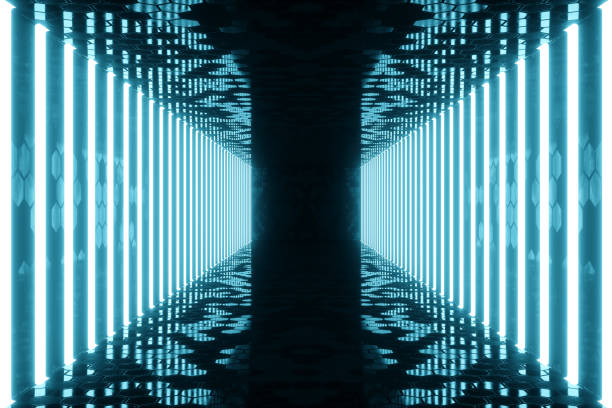 istock 3D rendering blue-tint Illuminated corridor with blue neon light. Elegant futuristic neon light on wall. 965334544