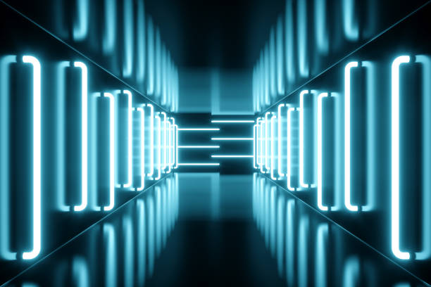 istock 3D rendering blue-tint Illuminated corridor with blue neon light. Elegant futuristic neon light on wall. 965334546