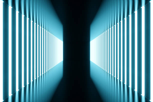 istock 3D rendering blue-tint Illuminated corridor with blue neon light. Elegant futuristic neon light on wall. 965334552