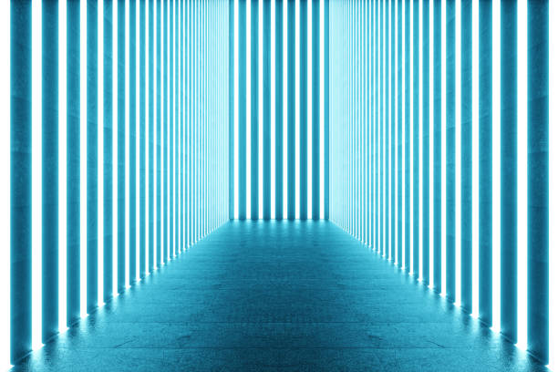 istock 3D rendering Abstract blue room interior with blue neon lamps. Futuristic architecture background. Mock-up for your design project. 965334554