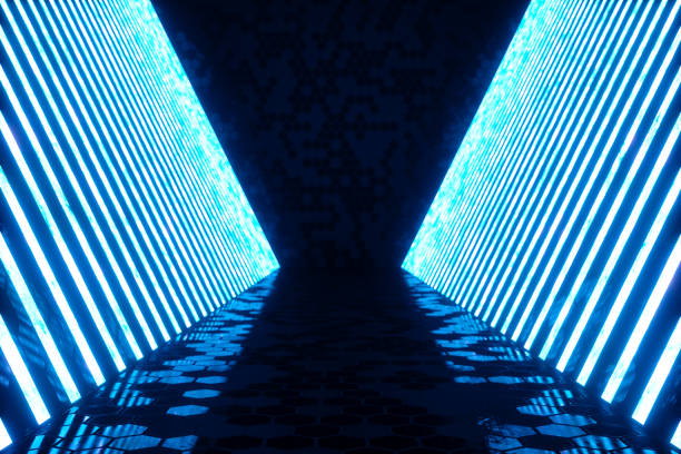 istock 3D rendering Abstract blue room interior with blue neon lamps. Futuristic architecture background. Mock-up for your design project. 965334560