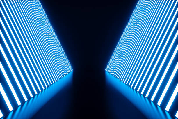 istock 3D rendering Abstract blue room interior with blue neon lamps. Futuristic architecture background. Mock-up for your design project. 965334562