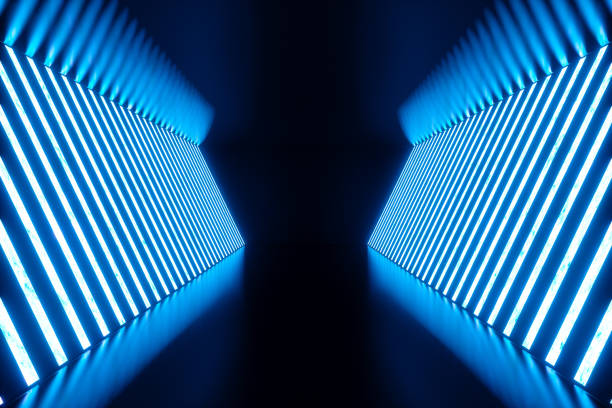 istock 3D rendering Abstract blue room interior with blue neon lamps. Futuristic architecture background. Mock-up for your design project. 965334568