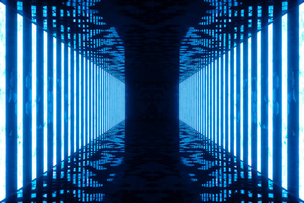 istock 3D rendering Abstract blue room interior with blue neon lamps. Futuristic architecture background. Mock-up for your design project. 965334572