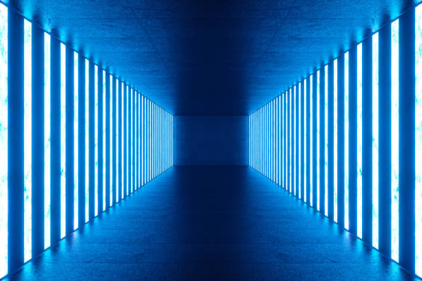 istock 3D rendering Abstract blue room interior with blue neon lamps. Futuristic architecture background. Mock-up for your design project. 965334574