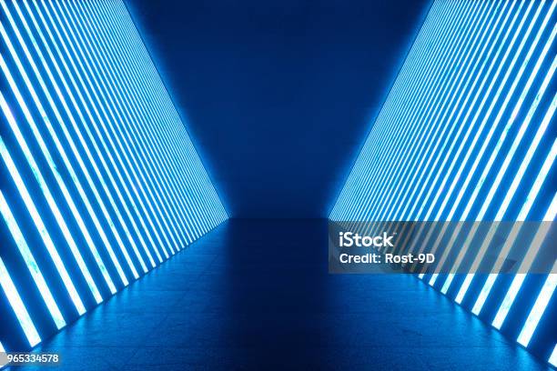 3d Rendering Abstract Blue Room Interior With Blue Neon Lamps Futuristic Architecture Background Mockup For Your Design Project Stock Photo - Download Image Now