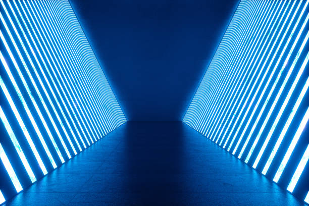 renderowanie 3d abstrakcyjne niebieskie wnętrze pokoju z niebieskimi neonami. futurystyczne tło architektury. makieta projektu. - road street thoroughfare hole zdjęcia i obrazy z banku zdjęć