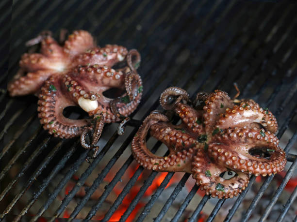 istock grilled octopus, fish is cooking on a grill, close up 965336936