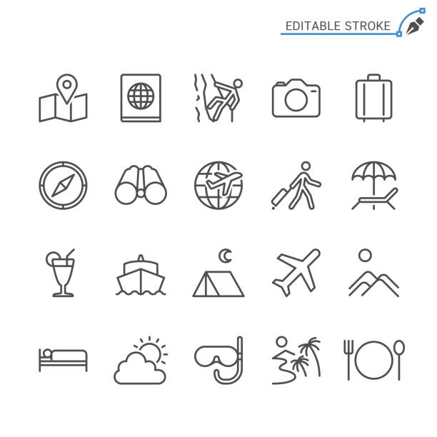 reisen zeile symbole. editierbare schlaganfall. pixel perfekt. - computer icon airplane symbol transportation stock-grafiken, -clipart, -cartoons und -symbole