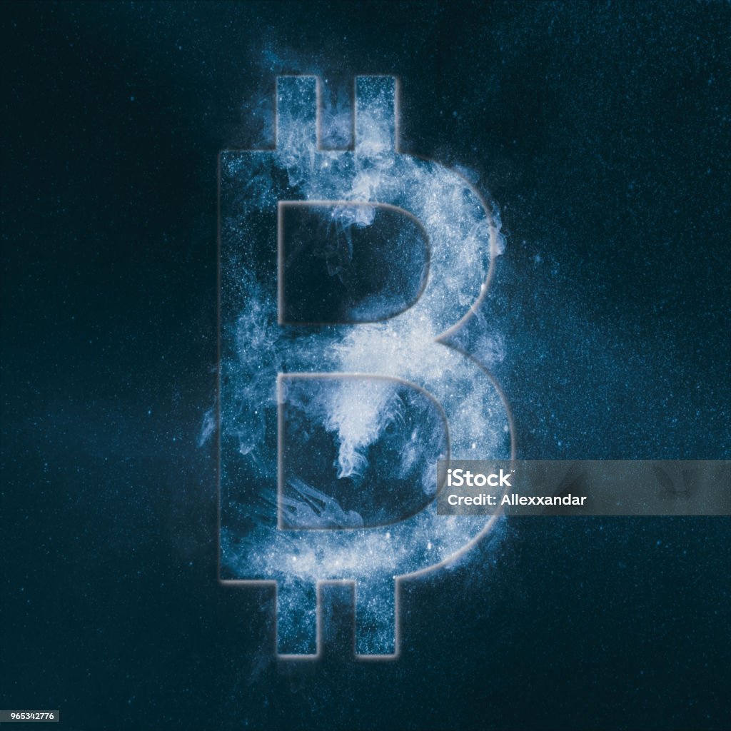 Bitcoin sign. Bitcoin Symbol. Crypto currency symbol. Monetary currency symbol. Abstract night sky background. Astronomy Stock Photo