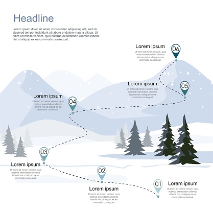 Winter ski resort, route infographic. Layers of mountain landscape with fir forest. Vector illustration.