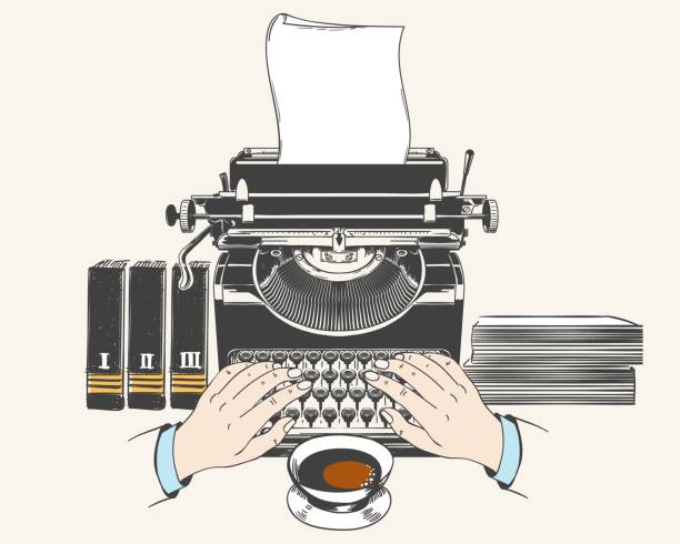 Retro type writer machine Typewriter blogging or copywriting concept. Retro type writer machine with paper old style drawing vector illustration retro typewriter stock illustrations