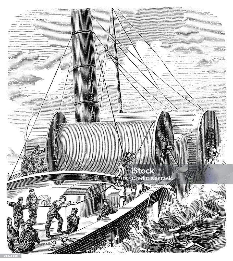 Placing Dover to Calais cable in the sea Illustration of a Placing Dover to Calais cable inside ship Cable stock illustration