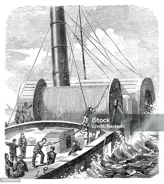 Placing Dover To Calais Cable In The Sea Stock Illustration - Download Image Now - Cable, Calais, Steel Cable