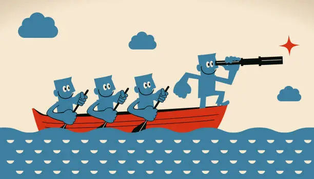 Vector illustration of Business leadership and teamwork concept, group of smiling businessmen with oar and telescope on boat