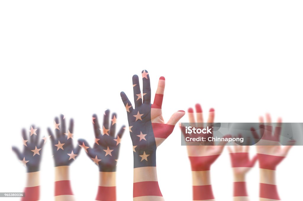 USA American flag pattern on people hands for voting, volunteering participation election, civil rights concept USA Stock Photo