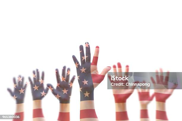 Usa American Flag Pattern On People Hands For Voting Volunteering Participation Election Civil Rights Concept Stock Photo - Download Image Now
