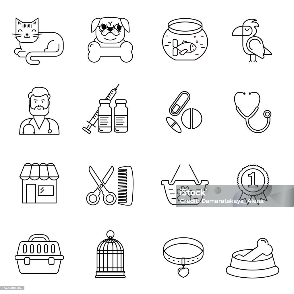 La ligne set icônes style noir et blanc vector pet et vétérinaire.  Chat, chien, oiseau et poisson symboles linéaires. Illustration à l’aide de produits pour animaux. - clipart vectoriel de Symbole libre de droits