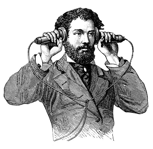ilustraciones, imágenes clip art, dibujos animados e iconos de stock de hacer una llamada de teléfono antiguo - inventor