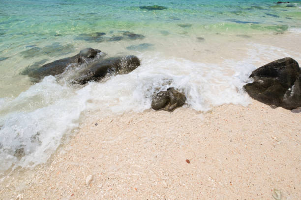 schönen weißen sandstrand mit weichen ozeanwelle und felsen in der sommerzeit, welle auf das blaue meer auf dem sand bech. konzept-reisen. - bech stock-fotos und bilder