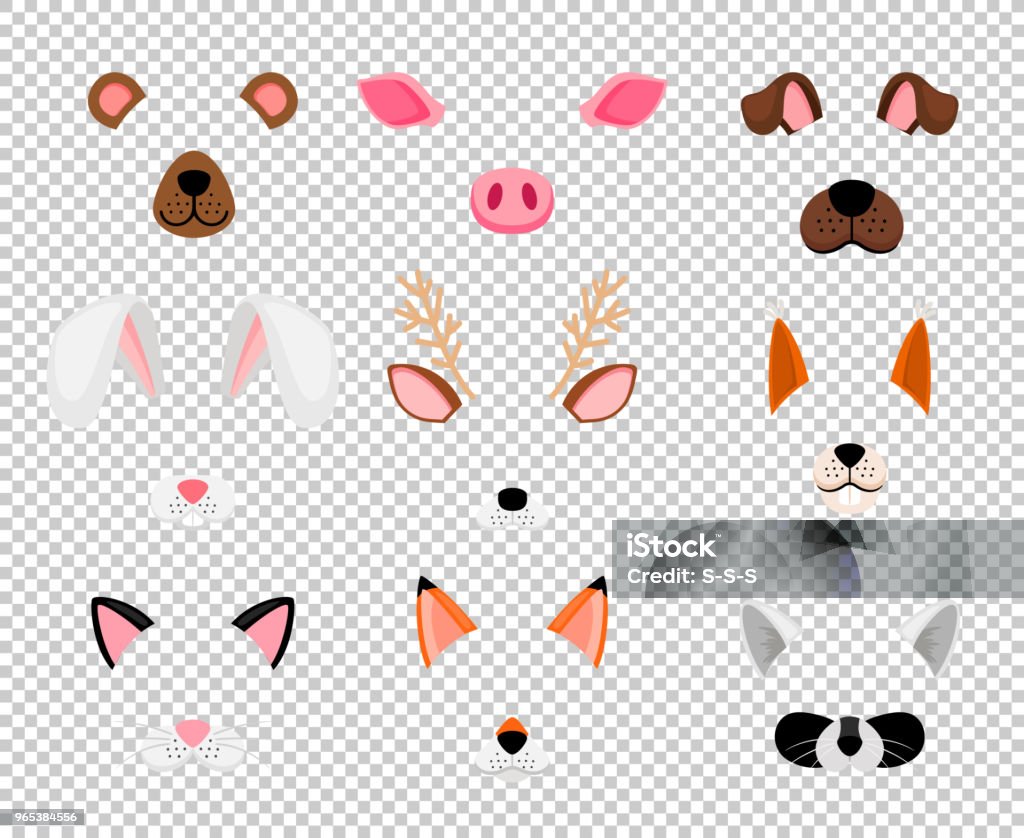 Animals face masks set on transparent Animals masks. Face masking for masquerade, rabbit and bear, dog, and fox cute halloween head mask set isolated on transparent background, vector illustration Ear stock vector