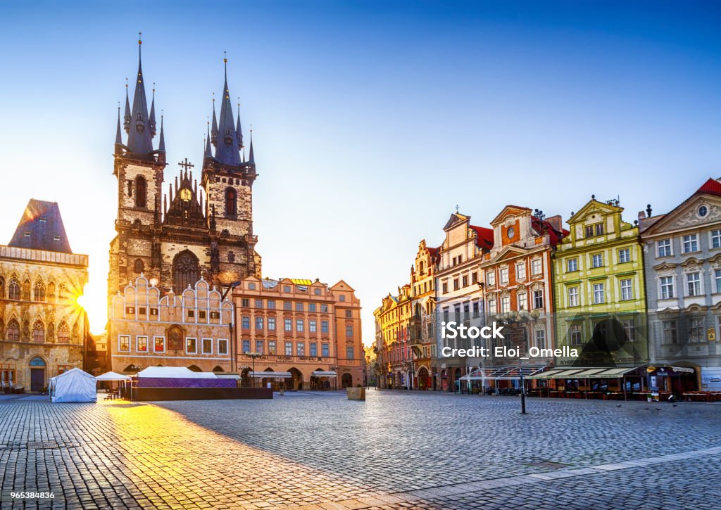 Old Town Square and Church of Our Lady before Týn in Prague at sunrise. Czech Republic Church of Our Lady before Týn in Old Town Square of Prague in the morning. Czech Republic Prague Stock Photo