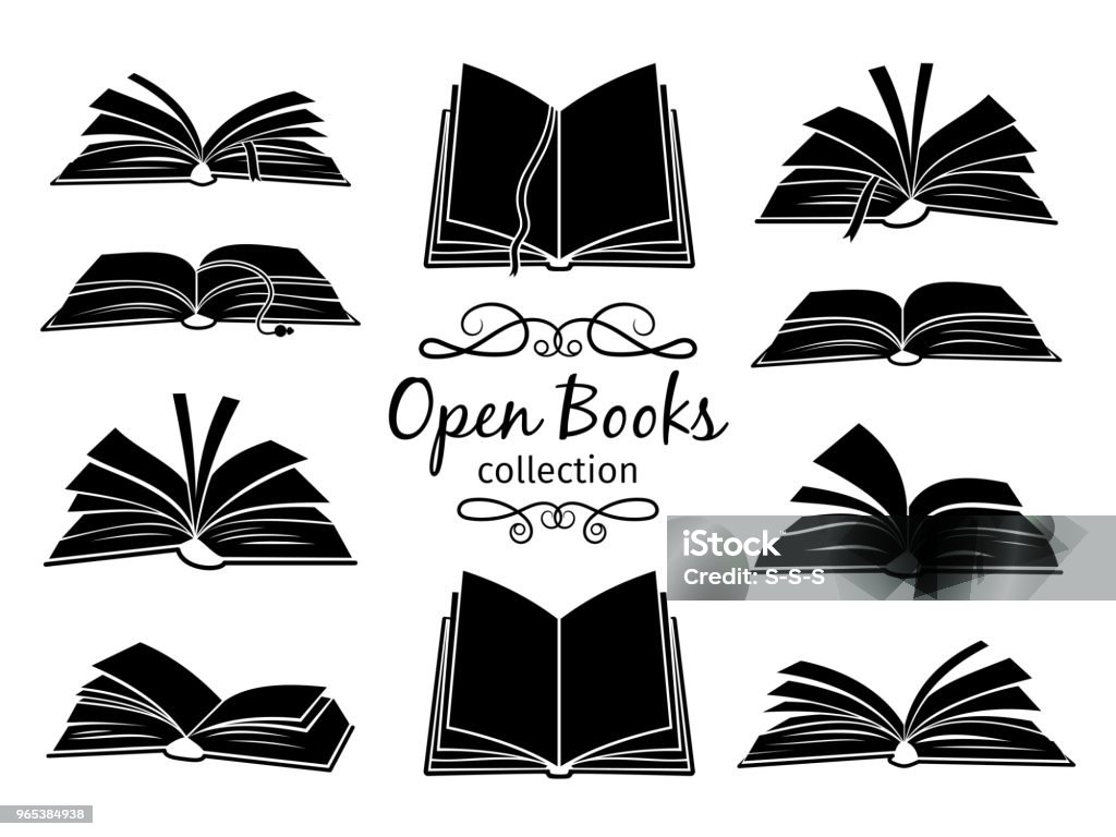 Open books black silhouettes Open books black silhouettes. Book reading icons vector illustration isolated on white for library logo or education symbol Book stock vector