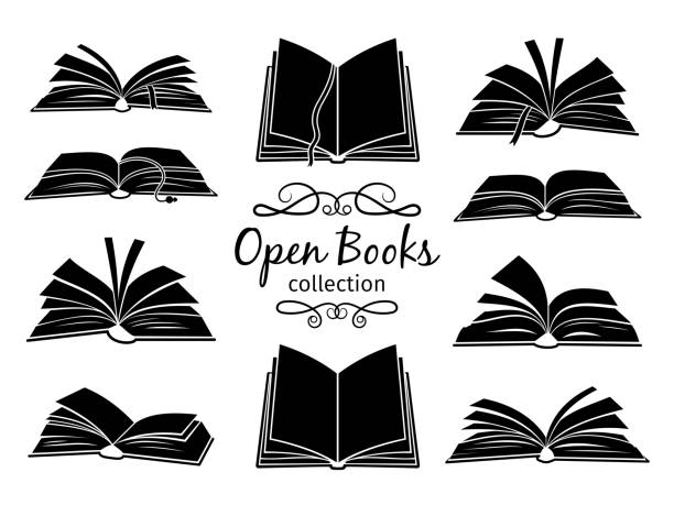 Open books black silhouettes Open books black silhouettes. Book reading icons vector illustration isolated on white for library logo or education symbol open book stock illustrations
