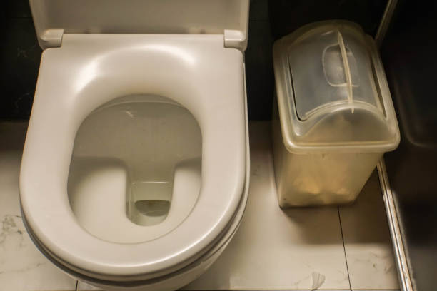 istock white toilet bowl with trash bin in shopping mall 965387518